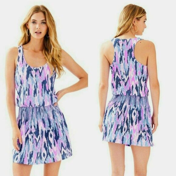 Lilly Pulitzer Tideline Mini Dress Blue Purple Print Smocked Sleeveless Women L - Picture 2 of 13